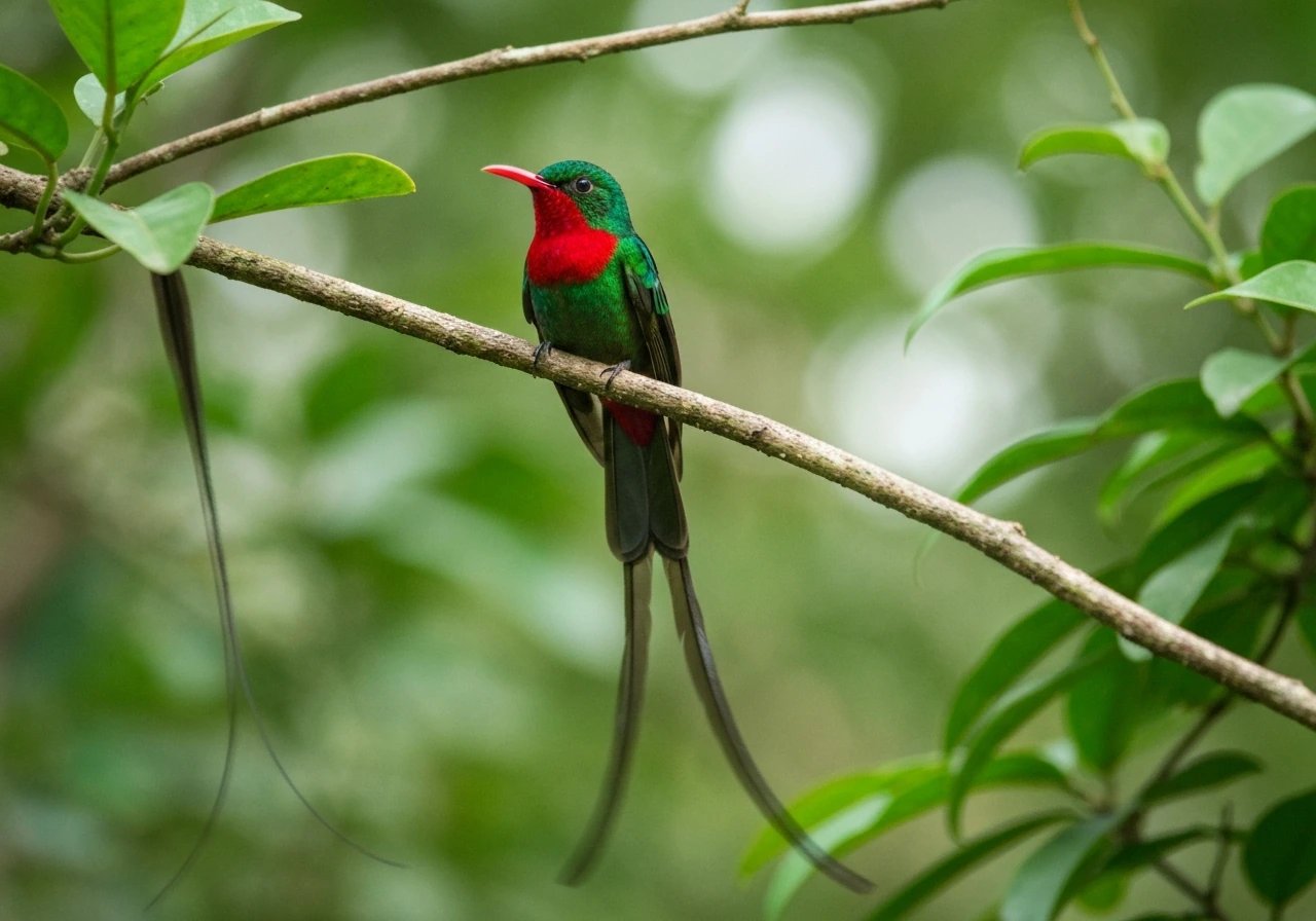 A vivid red-billed streamertail hummingbird-like bird perched with long tail streamers in lush greenery.