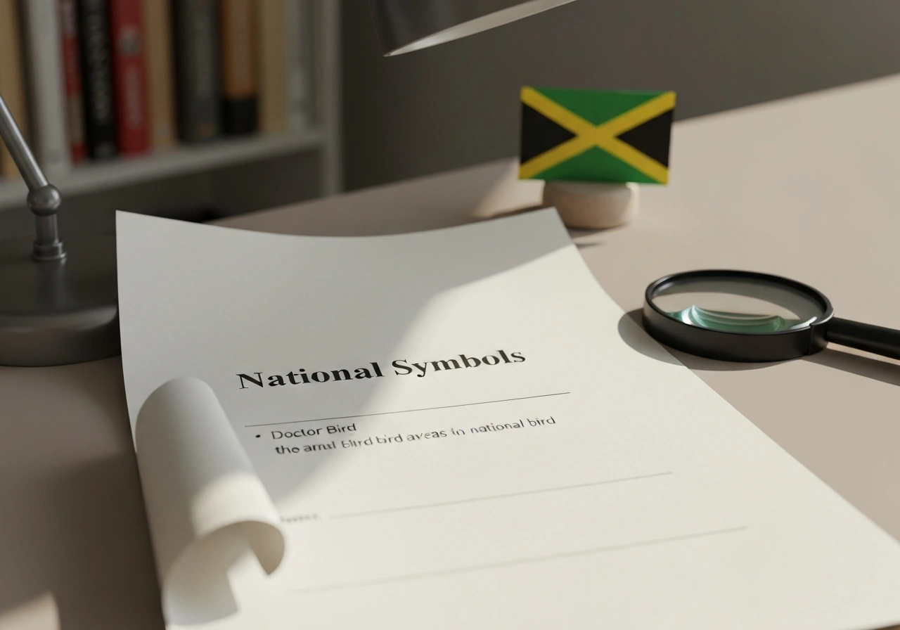 Close-up of a printed “National Symbols” page listing the Doctor Bird as Jamaica’s national bird.