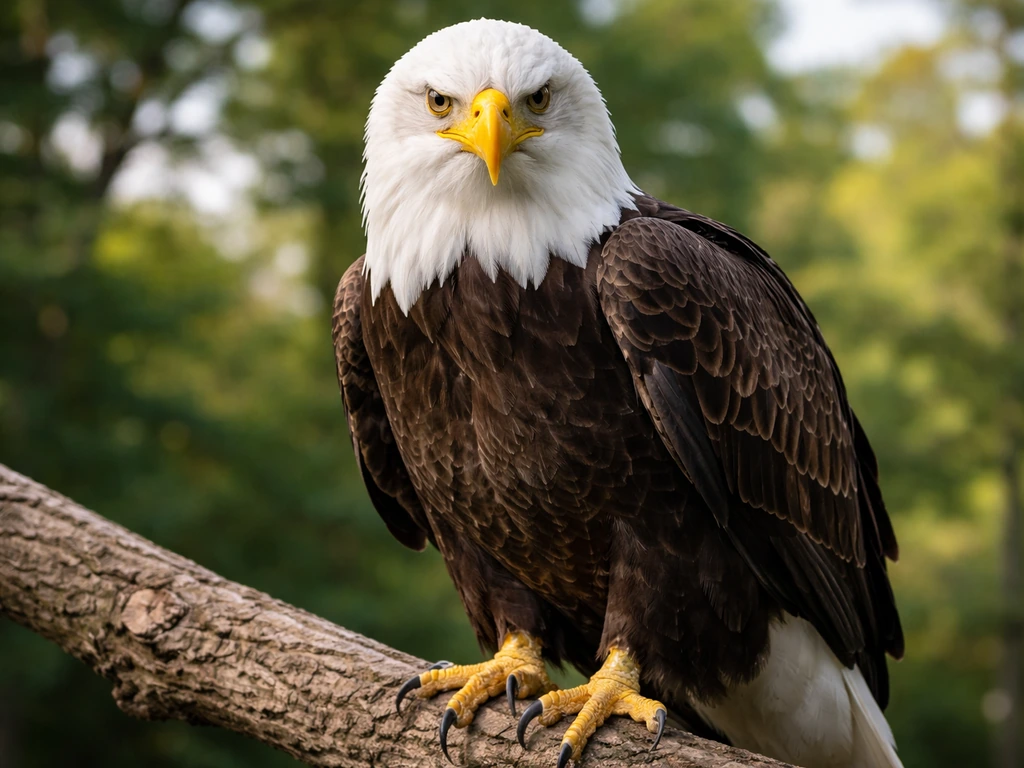 Adult bald eagle close-up with bright white head, dark body, and vivid yellow bill on a branch.