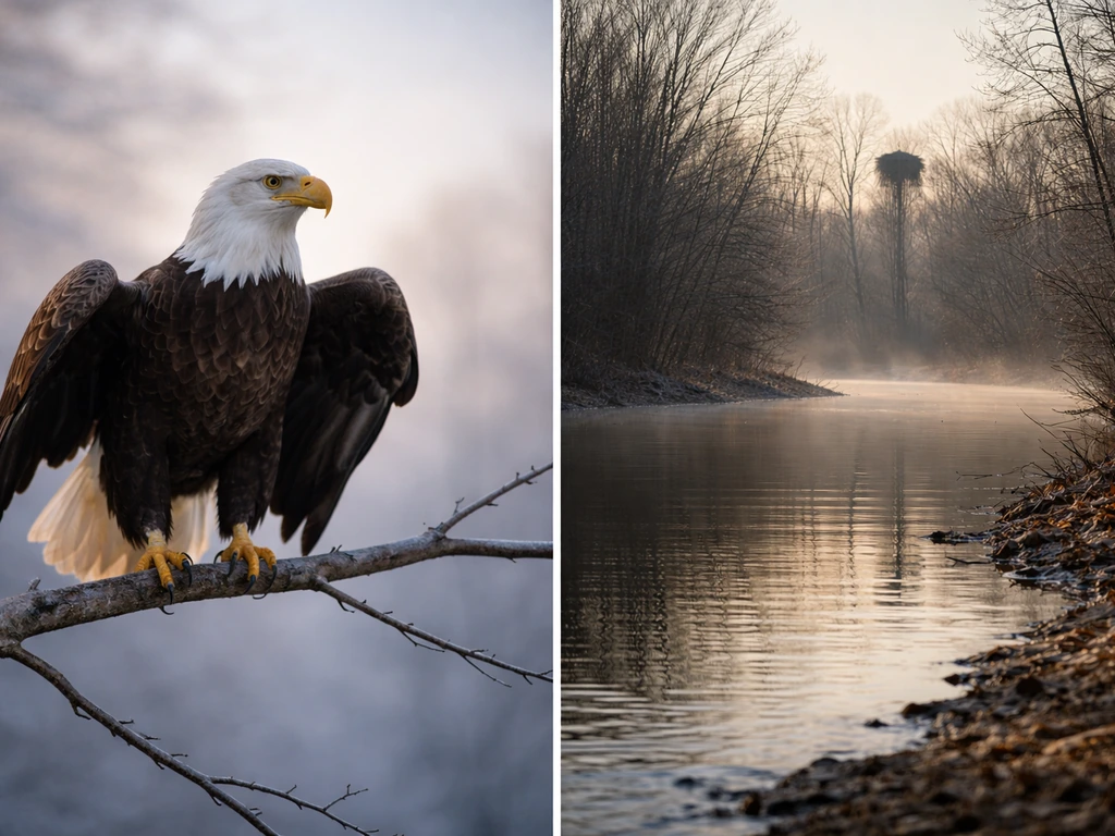 Bald eagle perched by a riverside, wings slightly spread, with a distant nest scene to suggest lifespan.