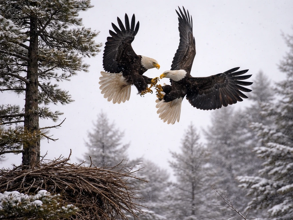 Two bald eagles lock talons in winter courtship above a nest tree.