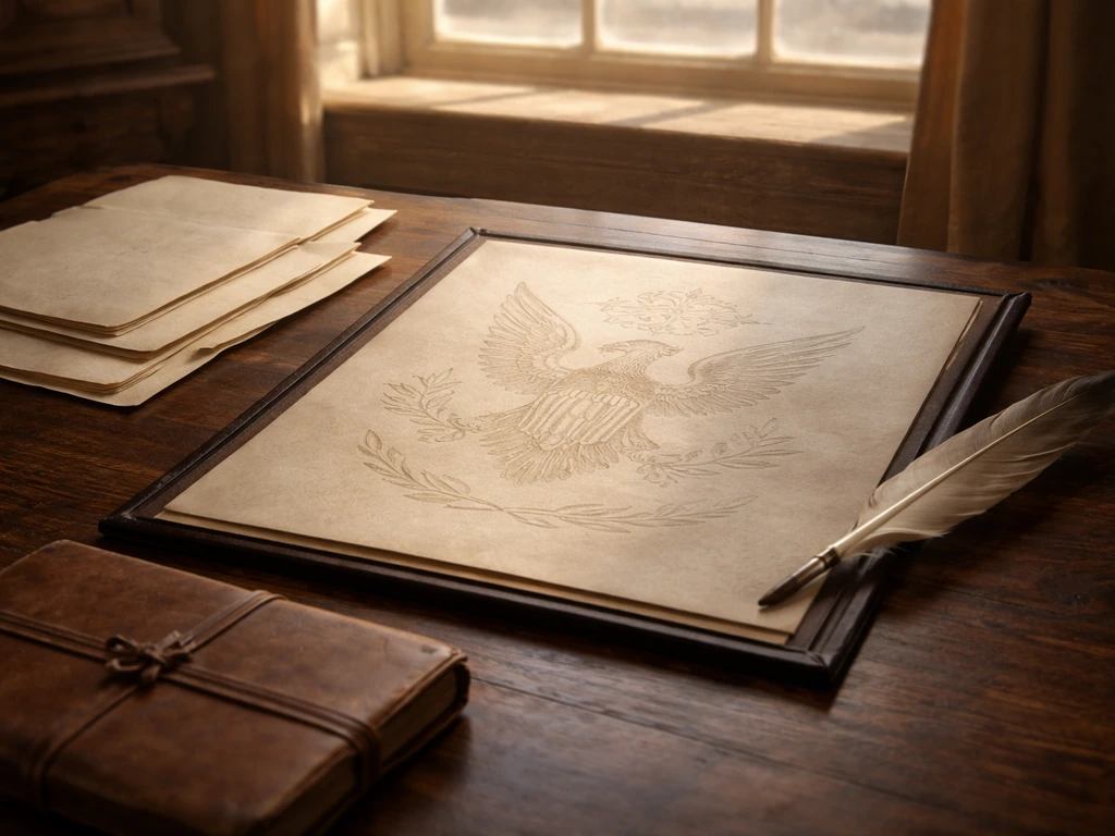 Open 18th-century desk with a Great Seal–inspired sketch, quill, and olive branch motif, no people visible.