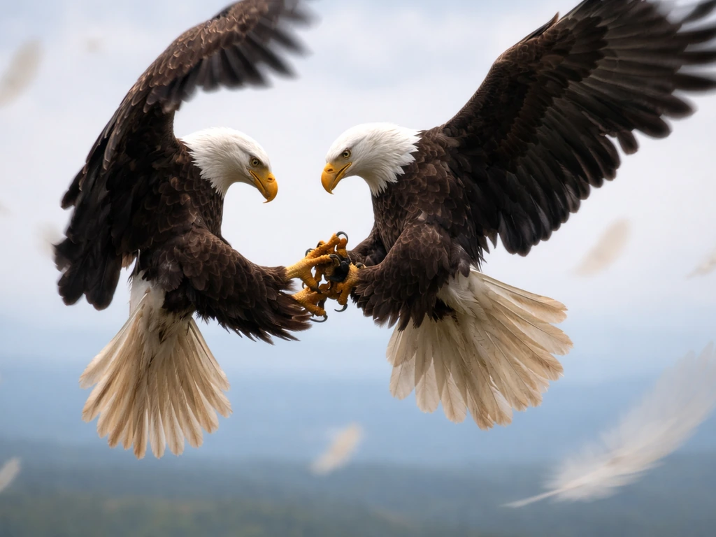 Two bald eagles locked talons spiraling down through open sky with subtle respectful feather-like bokeh