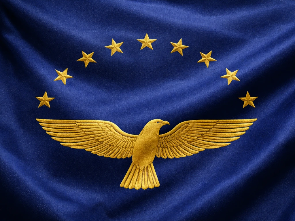 Close-up of the Azores flag with the centered gold acor bird emblem and nine stars above
