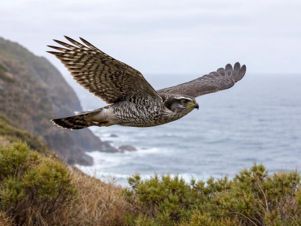A wild raptor in flight over the Azores coastline, showing broad wings and feather pattern like a goshawk lookalike.