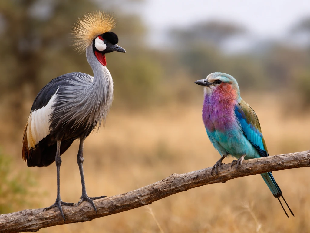Grey crowned crane and a Lilac-breasted Roller perched side-by-side on a simple branch in natural light.