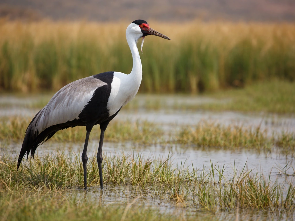 Wattled Crane standing in shallow Ethiopian wetlands with wattles visible, soft reeds in the background.