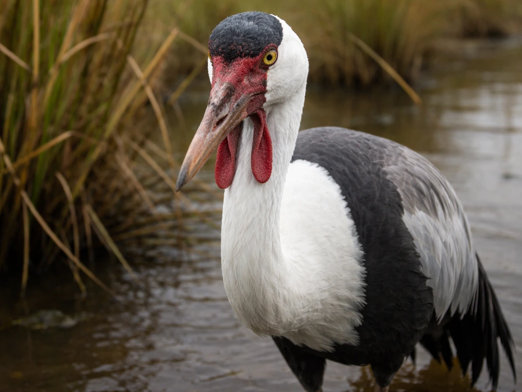 Close-up of a wattled crane with visible wattles and detailed feathers in a natural Ethiopian wetland setting.
