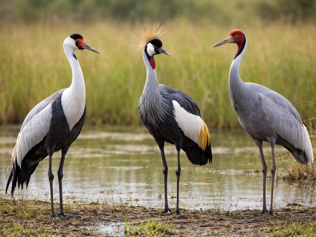 Three crane-like birds standing side by side on a wetland, illustrating common mix-ups.