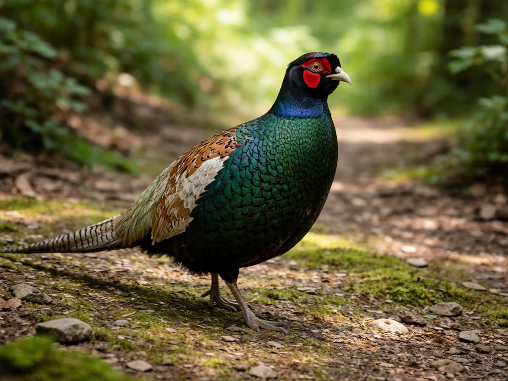 A vivid green pheasant standing on a forest floor with soft natural light behind it.
