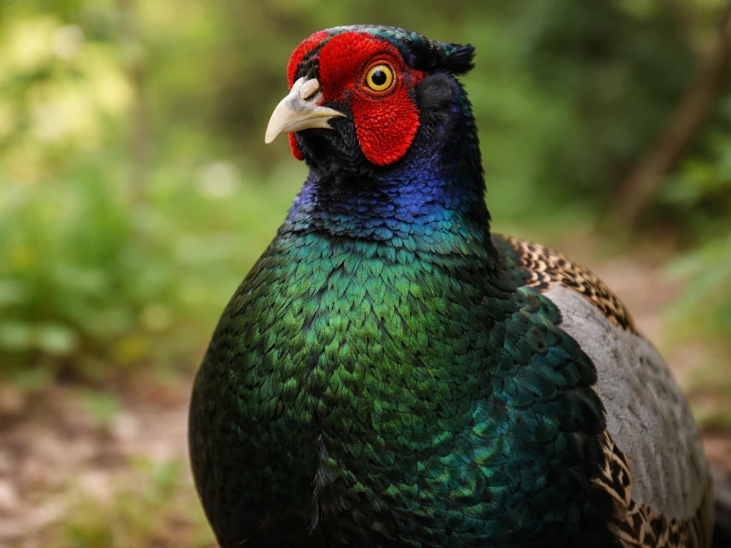 Male green pheasant close-up showing iridescent green plumage and detailed feather texture.