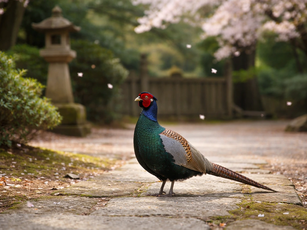 Green pheasant perched near a quiet Shinto shrine courtyard with cherry blossoms in soft spring light.