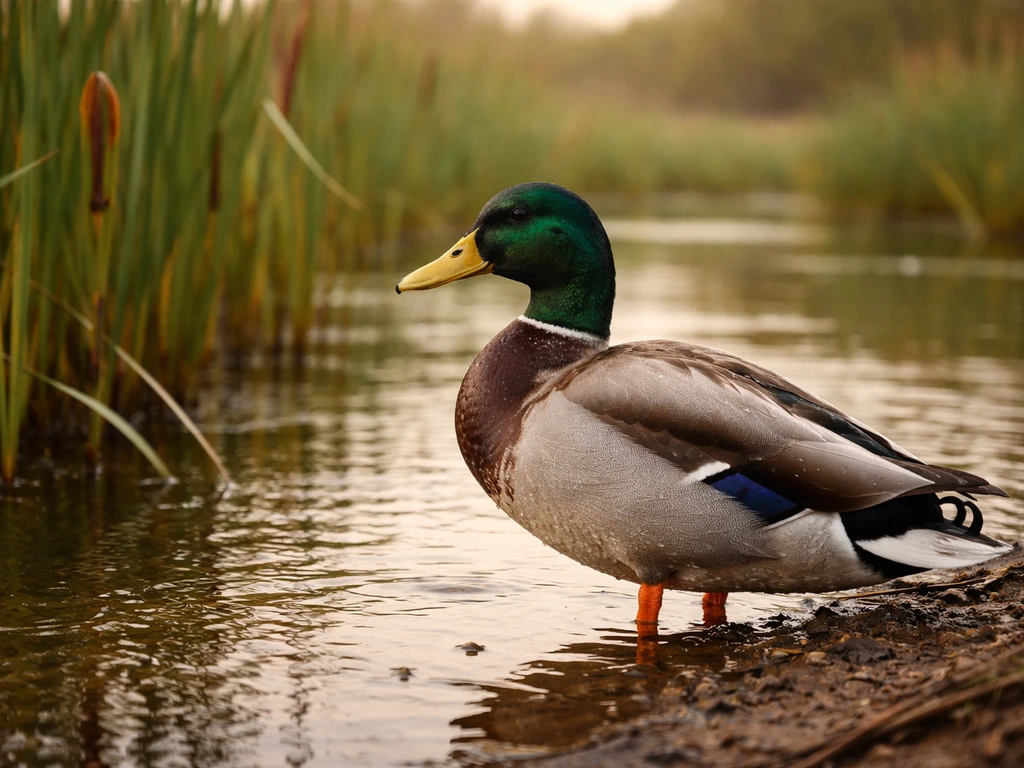 A realistic duck standing in a quiet wetland pond with reeds in soft natural light.