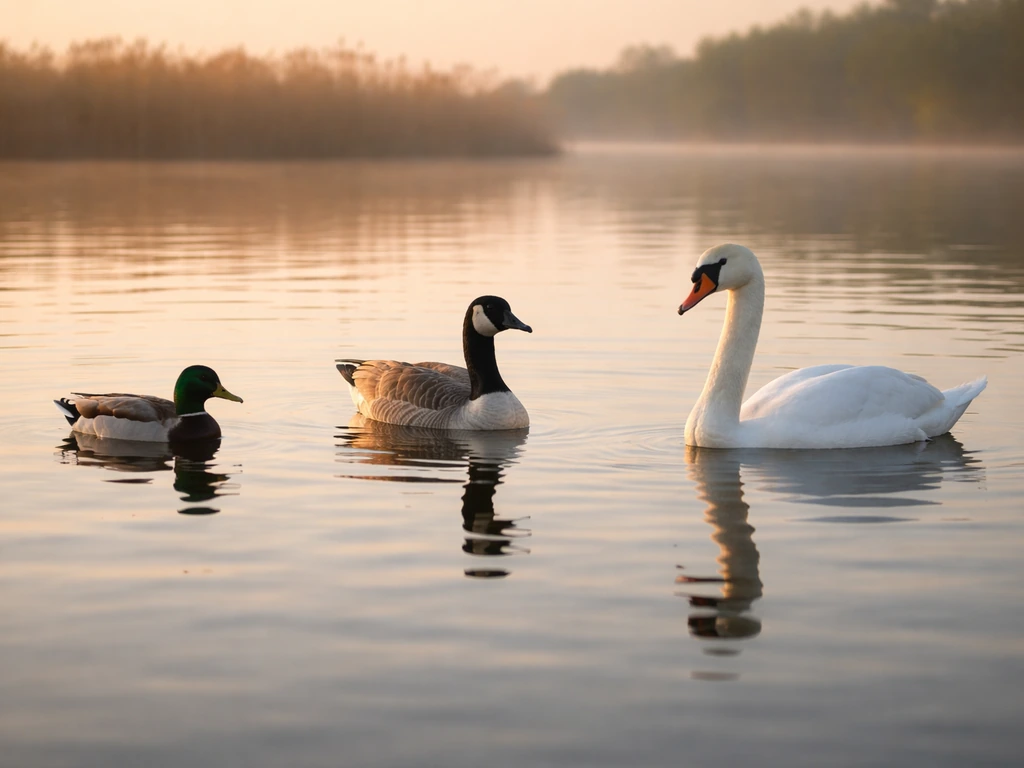 Three waterfowl silhouettes—duck, swan, and goose—on a quiet pond at sunrise
