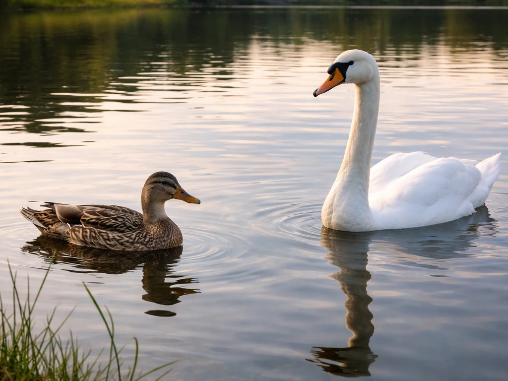 A duck and a swan side by side on a calm pond, showing different neck and body shapes.