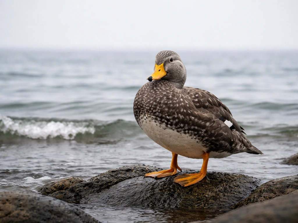 A Falkland Islands steamer duck standing on rocky shoreline near the ocean, realistic wildlife photo.