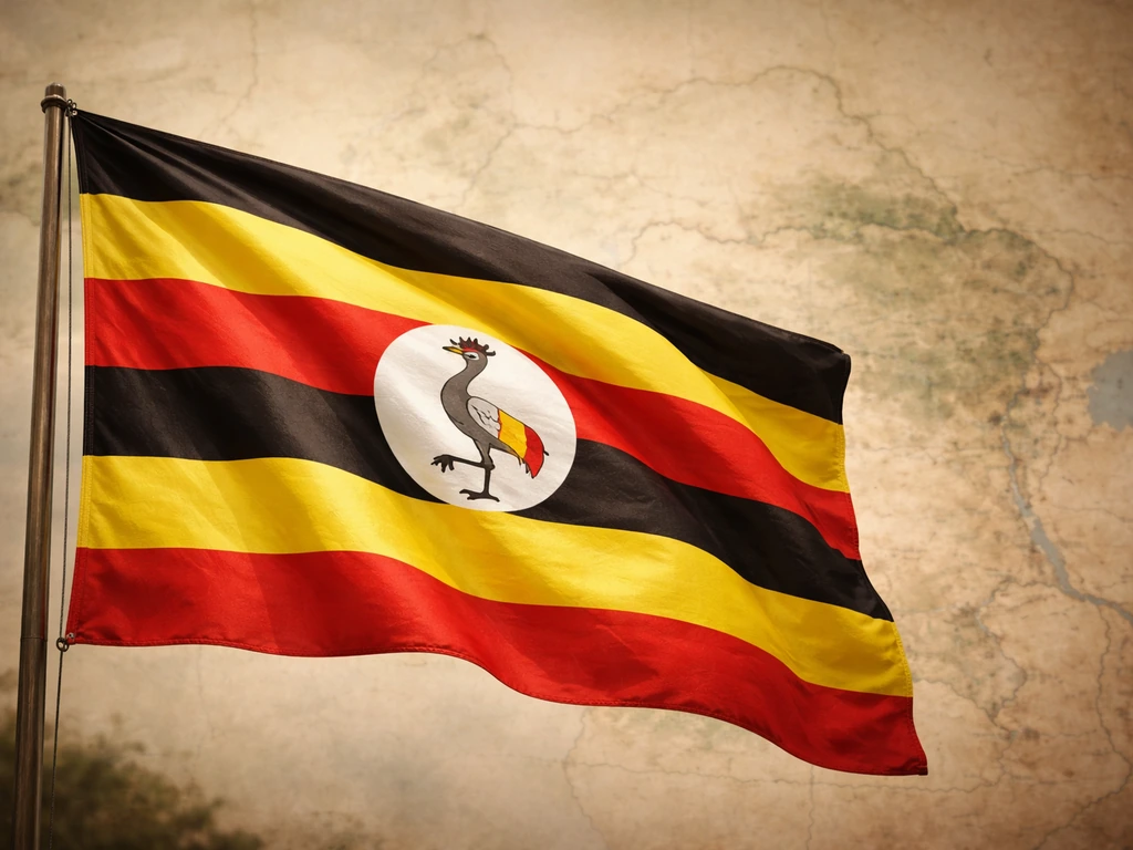 Grey crowned crane emblem centered on Uganda flag, fluttering in soft natural light.