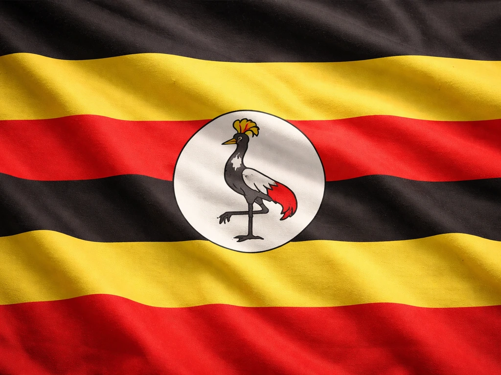 Close-up of the Ugandan flag stripes with the central crane emblem clearly visible
