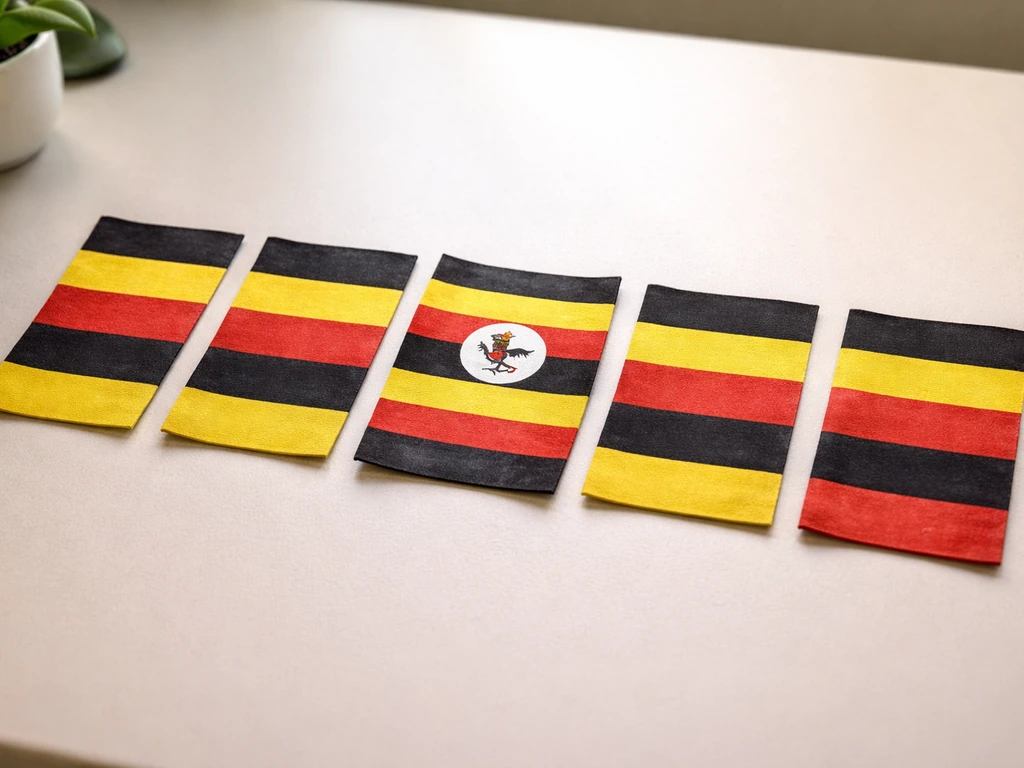 Small fabric flags on a neutral table, one with a centered bird silhouette.