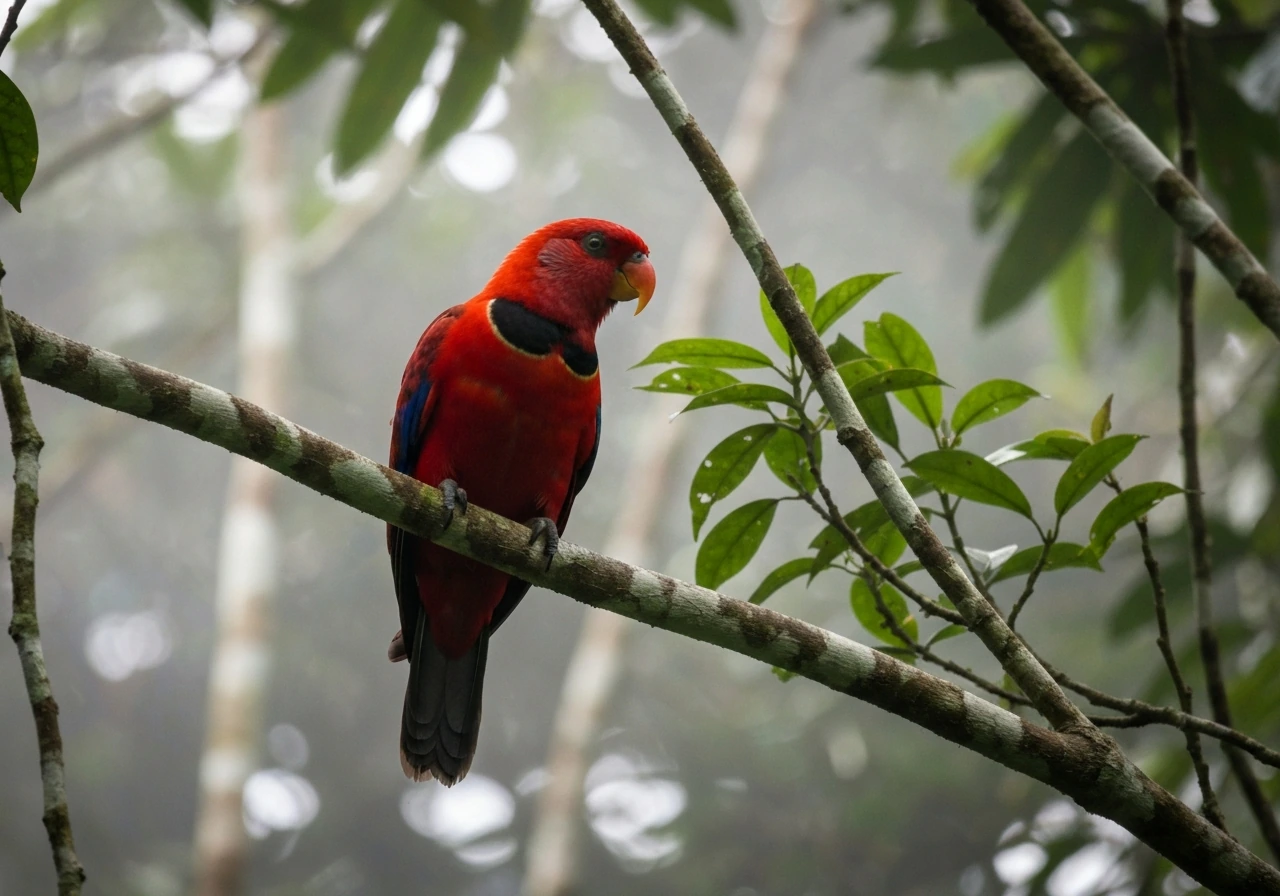 Kula (Collared Lory) perched in Fiji rainforest canopy with scarlet red plumage and collar markings