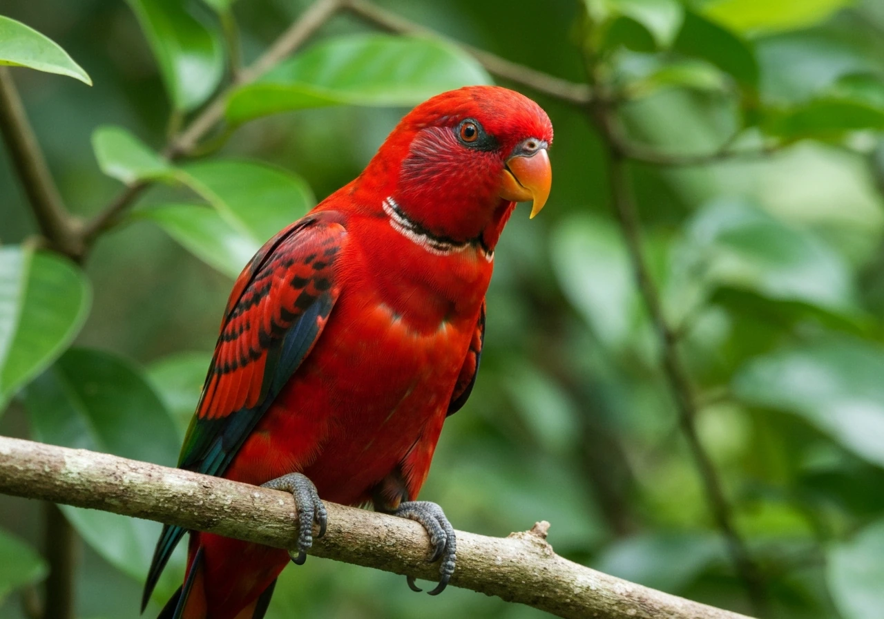 Scarlet-and-black collared lory perched in foliage, compact parrot shape in a natural forest setting