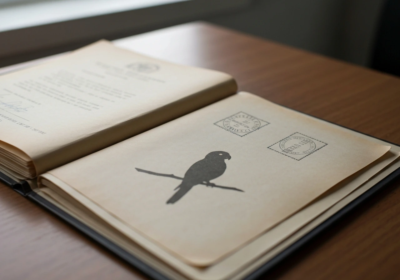 Open aged civic documents on a wooden desk with a subtle bird illustration, suggesting official recognition.