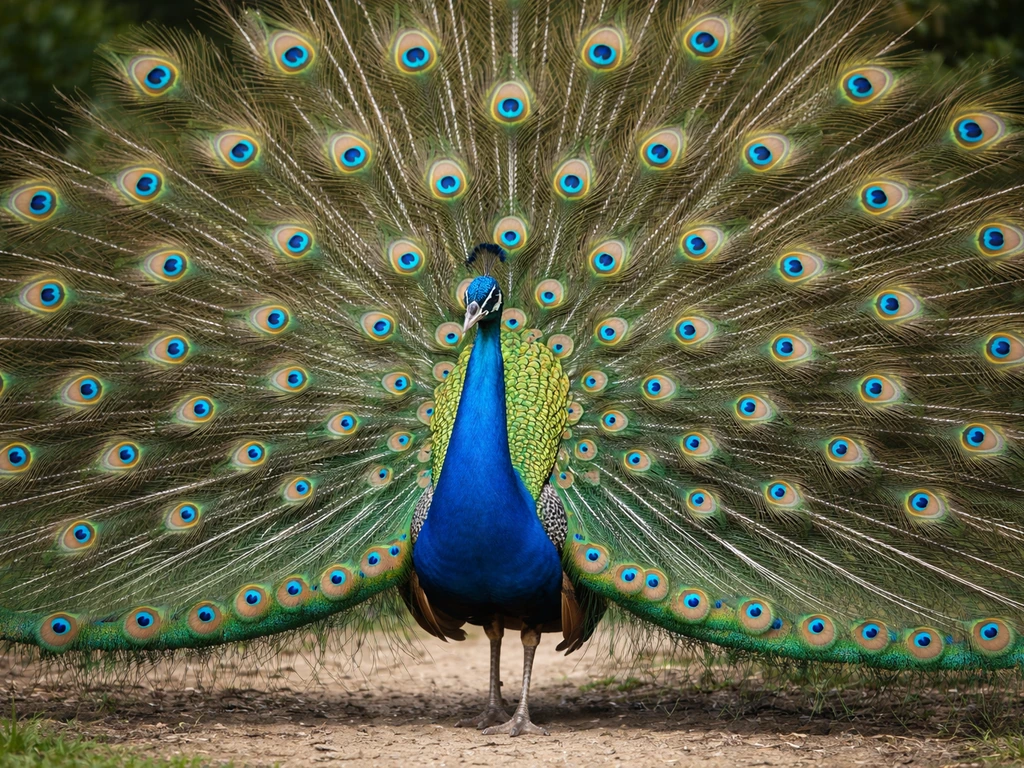 Male Indian peacock in full display, tail fully fanned, face-on 3/4 view in soft greenery