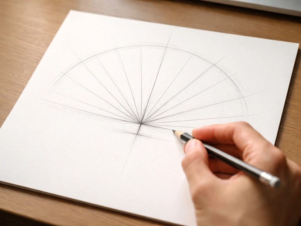 Close-up of a pencil sketch on paper showing a tail fan half-circle scaffold with guide axis