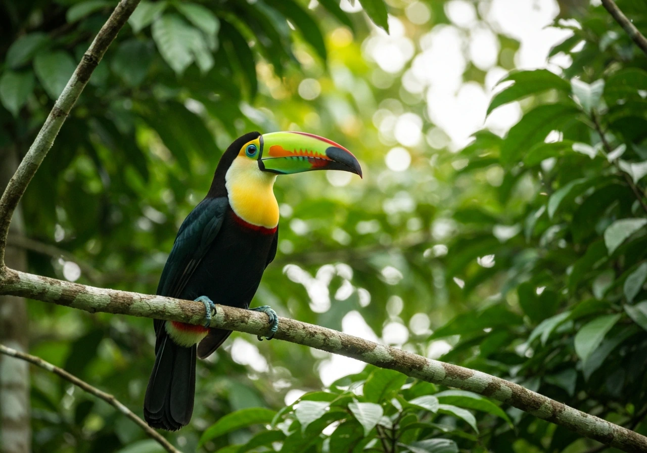 A vibrant keel-billed toucan perched in a Belize rainforest canopy, showing its colorful bill.