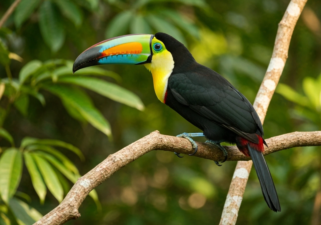 Keel-billed toucan perched on a branch, showing its distinctive long blue-yellow bill coloration.