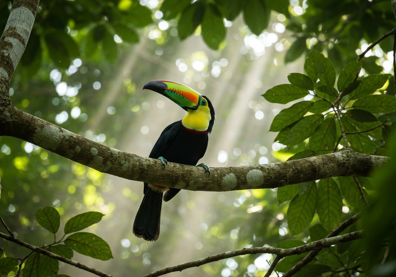 Keel-billed toucan perched in Belize rainforest, its colorful bill clearly visible among green foliage