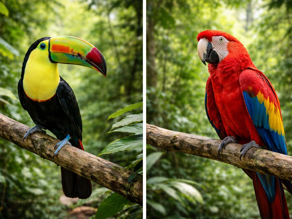 Keel-billed toucan and a different perched forest bird shown side-by-side in a minimal tropical setting.