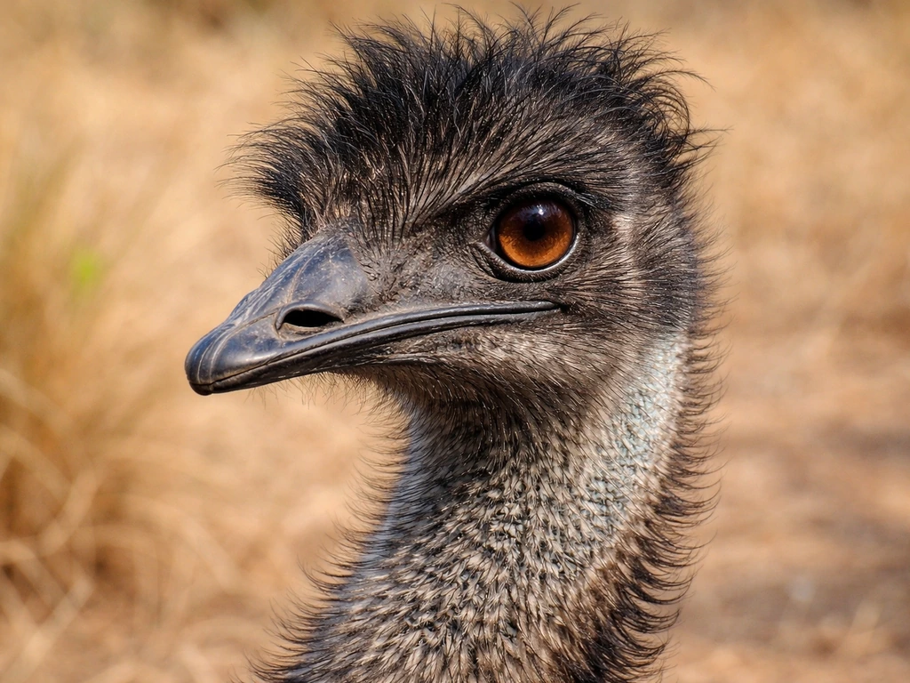 Close-up of an emu’s head and feathers with a softly blurred outback background.