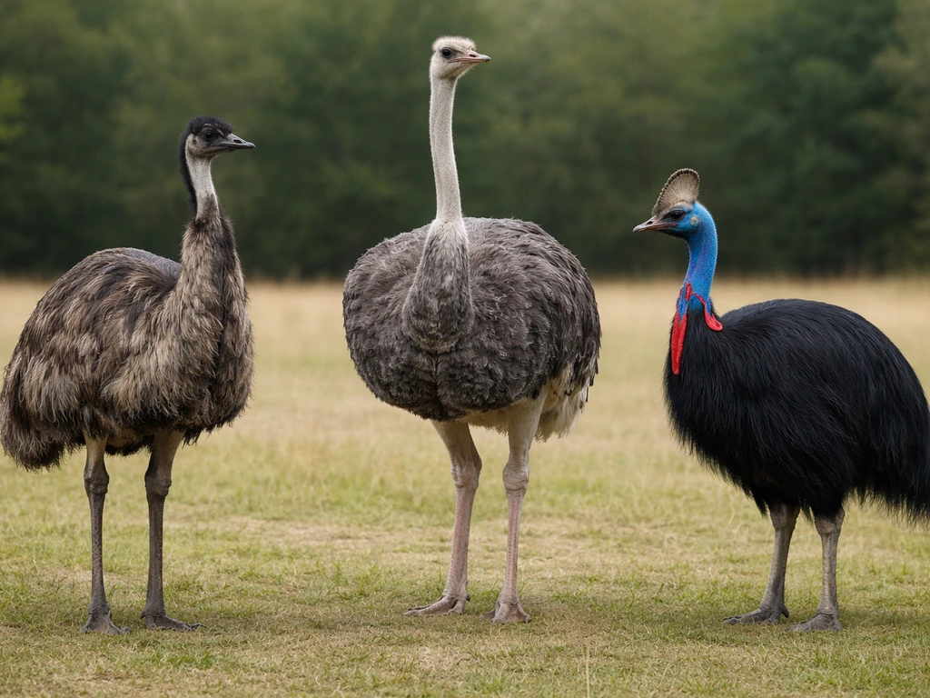 Three ratites—emu, ostrich, and cassowary—shown side-by-side in a simple outdoor setting.