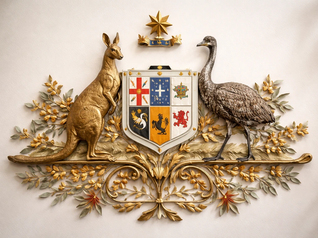 Close-up of the Australian Commonwealth Coat of Arms showing an emu supporter in the background.