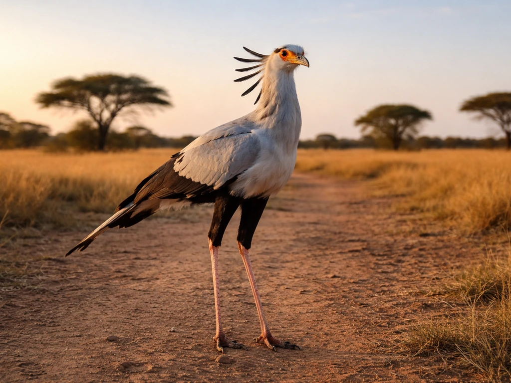 Secretarybird standing on an open African savanna with acacia trees under warm golden light.