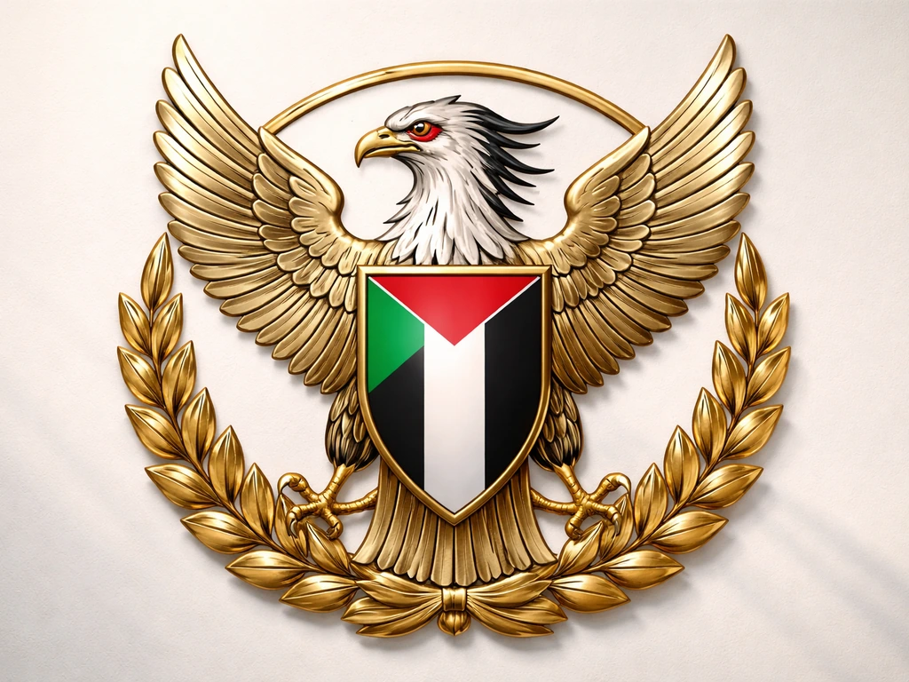 Close-up of Sudan’s national emblem featuring a secretarybird on a heraldic shield.