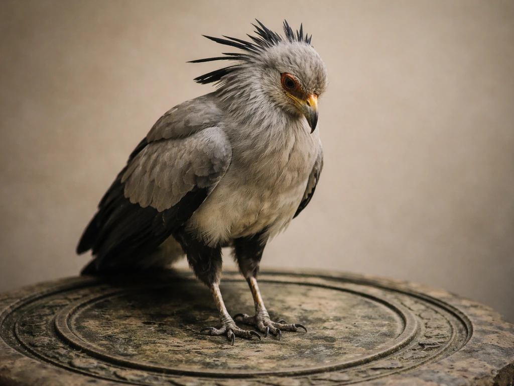 Close-up of a secretarybird perched on an emblem-like medallion, still and calm in muted tones.