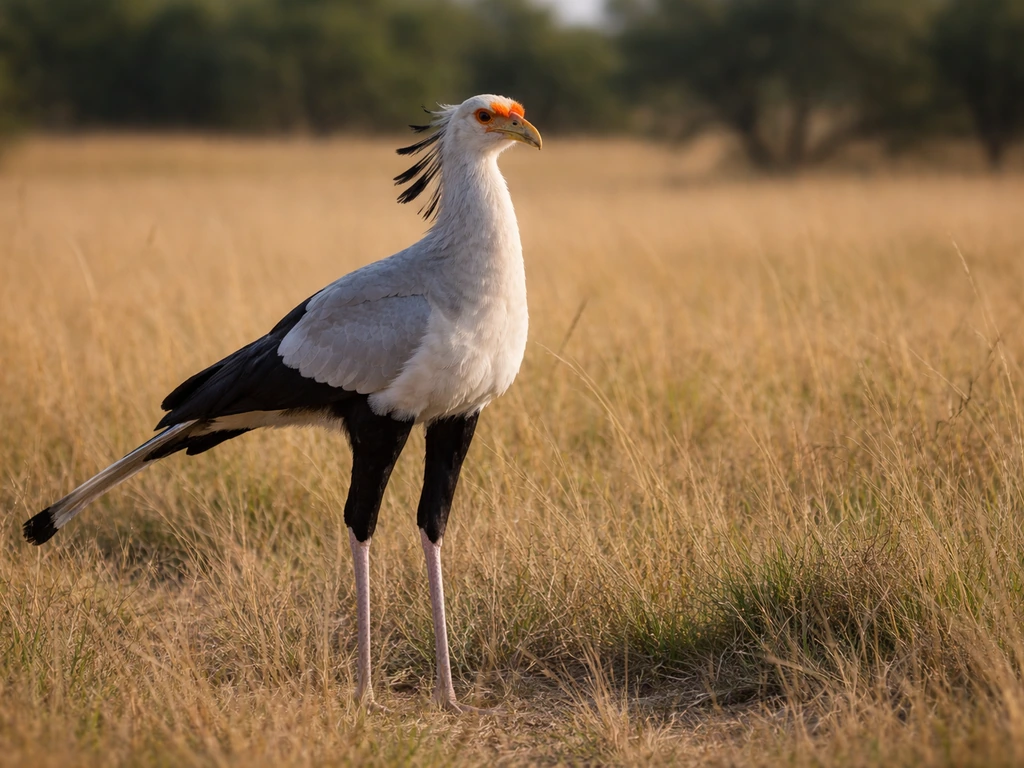 Secretarybird standing in tall savanna grass with long legs, watching quietly in the wild.