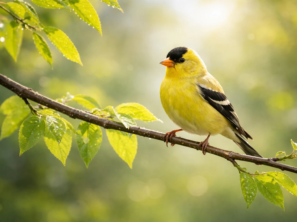 Small songbird perched on a leafy branch in bright morning light, evoking May 6 bird celebration.