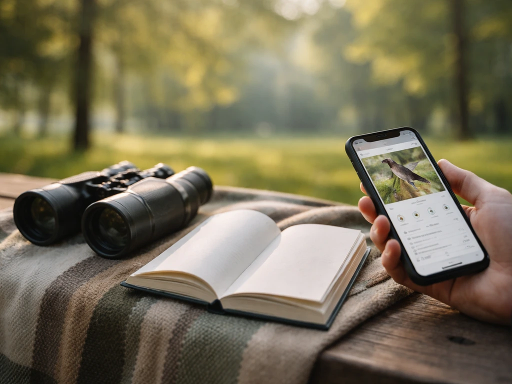 Close-up of binoculars and a bird field guide beside a phone using a bird ID app outdoors