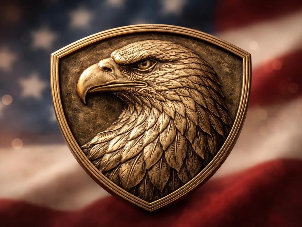 Close-up of a gold bald eagle emblem with softly blurred red, blue, and white flag colors behind it.