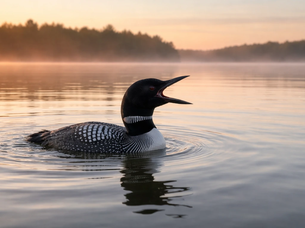 Common loon swimming and calling on a calm Canadian-looking lake at sunrise