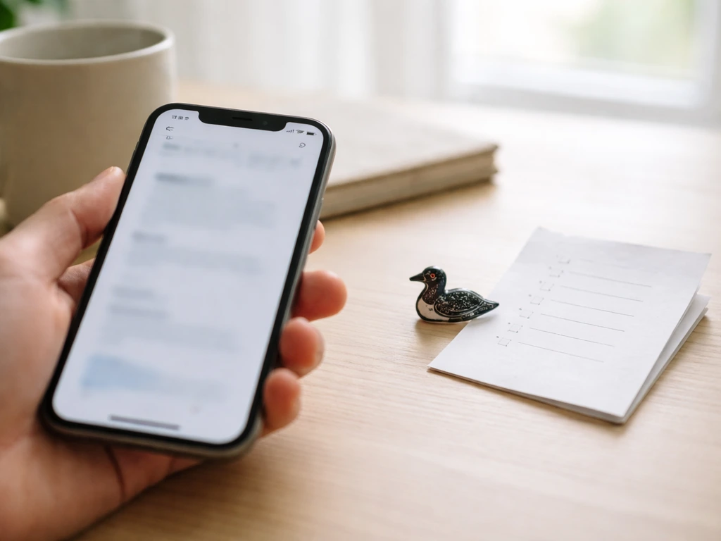 Hand holding a phone with a blurred webpage, a loon token pin on a desk for symbol verification.