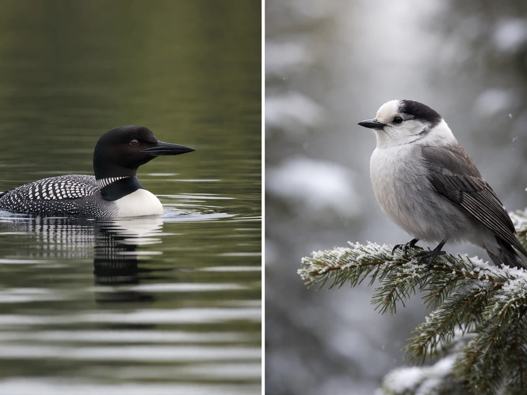 Side-by-side photos: common loon on lake water and Canada jay on a spruce branch in forest light.