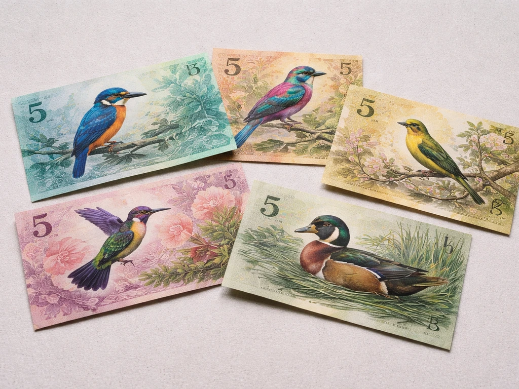 Multiple $5 banknotes from different countries laid on a light tabletop, bird designs visible.