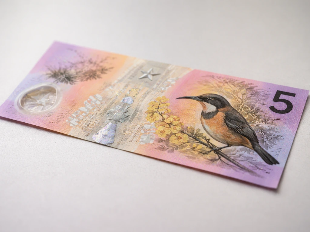 Close-up of an Australian $5 polymer banknote showing the Eastern Spinebill in the design.