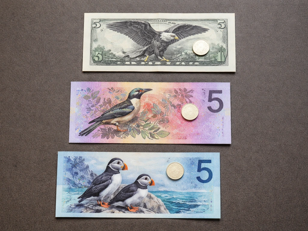 Flat-lay of three $5 notes with bird backs and small coin markers indicating where birds are placed.