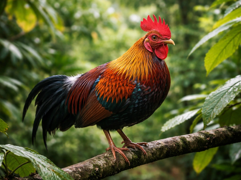Male Sri Lankan junglefowl perched on a branch with jewel-like red comb and vibrant plumage in greenery.