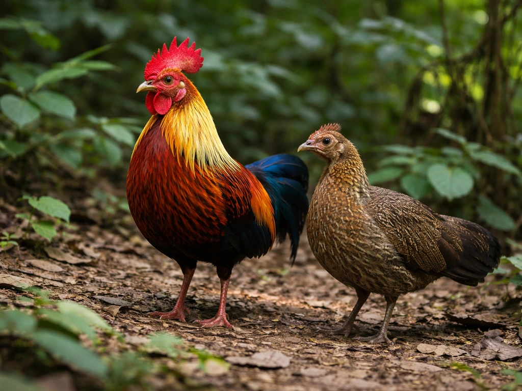 Close side-by-side of male and female Sri Lankan junglefowl showing different size and vividness.